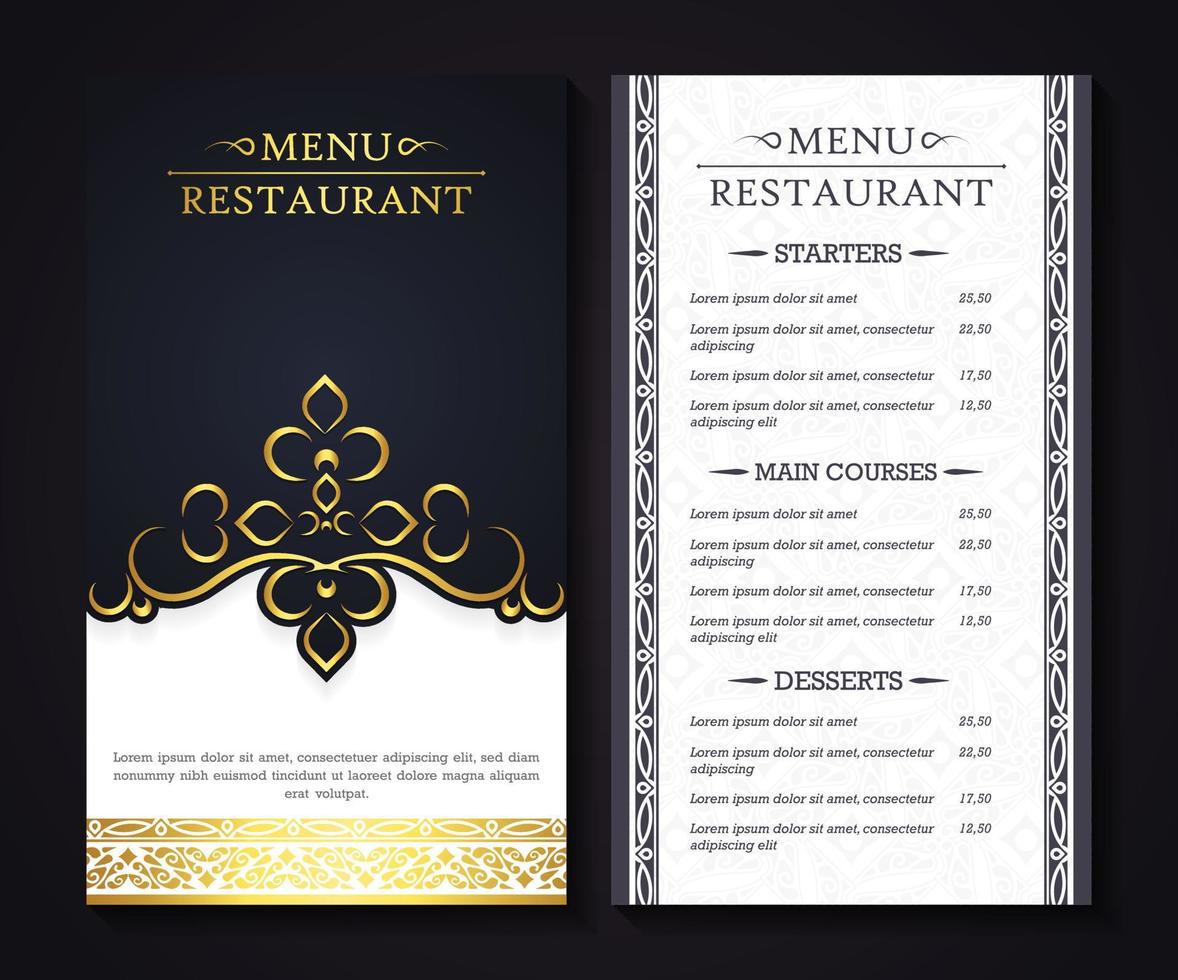 Menú de restaurante de lujo con elegante estilo ornamental. vector