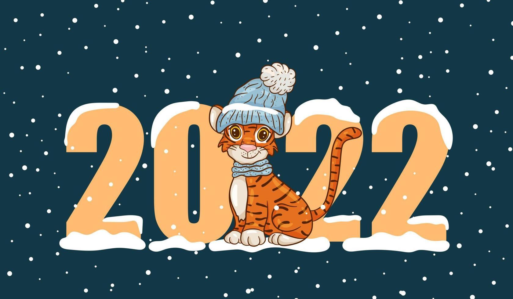 Feliz año nuevo 2022 diseño de texto con estilo de dibujos animados con tigres. el símbolo del año según el calendario chino. folleto de diseño, plantilla, postal, banner. ilustración vectorial. vector