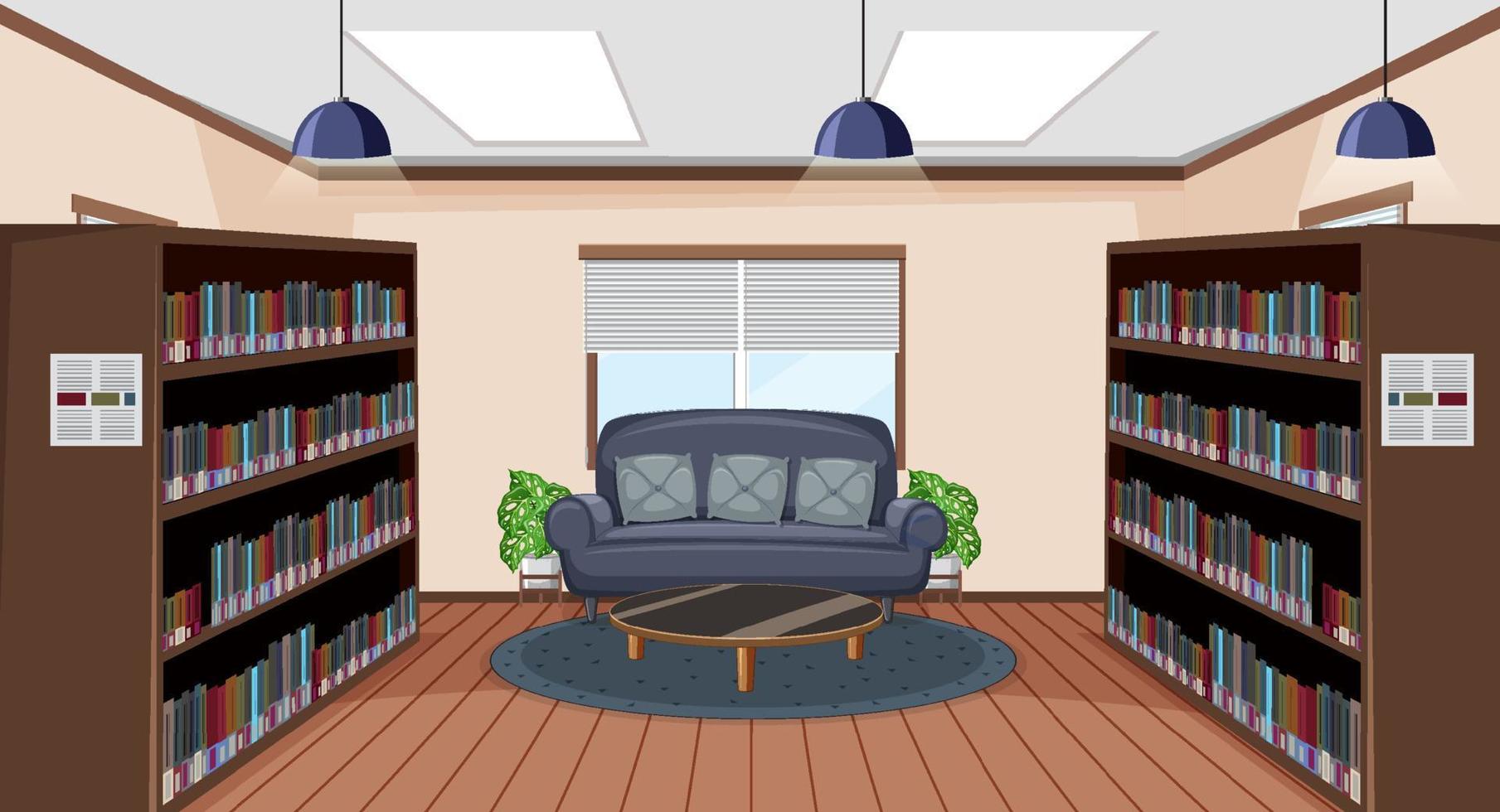 Diseño interior de biblioteca vacía con estanterías. vector