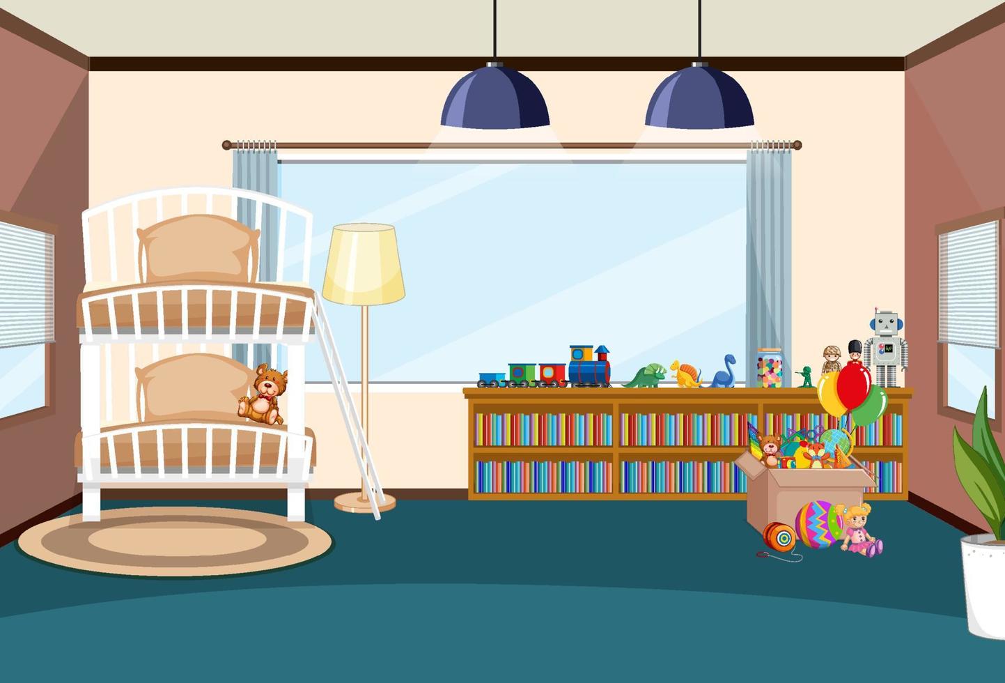 Interior del dormitorio de los niños con muebles. vector
