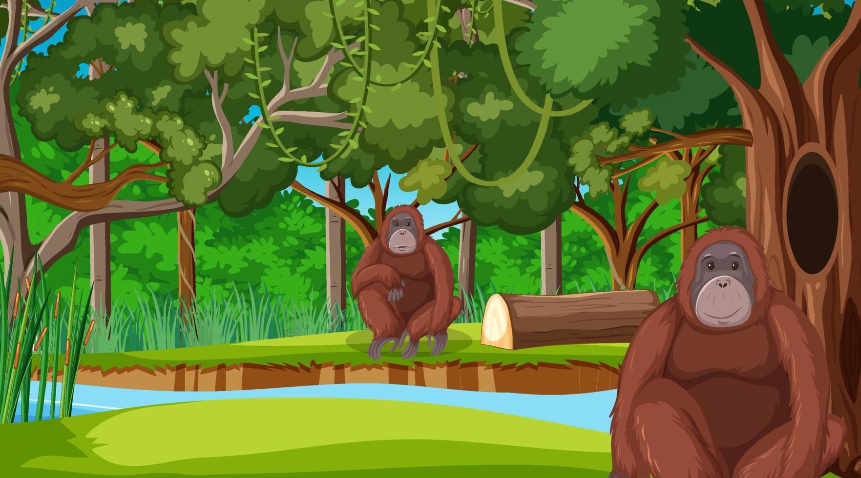 orangután en el bosque o la escena de la selva tropical con muchos árboles vector