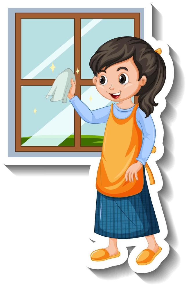 Maid girl cleaning window house on white background vector