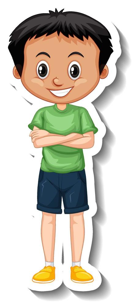 A boy wears green t shirt cartoon character sticker vector