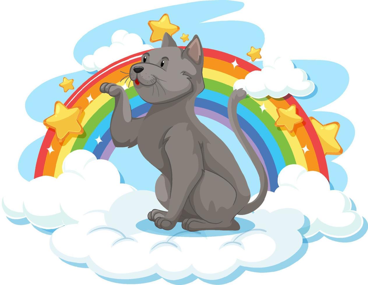 lindo gato en la nube con arcoiris vector