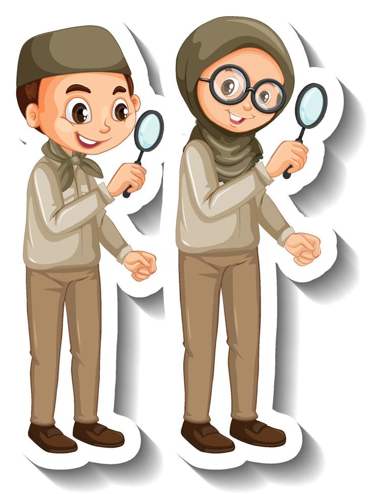 Couple muslim kids wear safari outfit cartoon character sticker vector