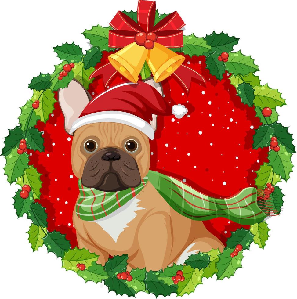 Cartoon french bulldog in Christmas wreath isolated vector