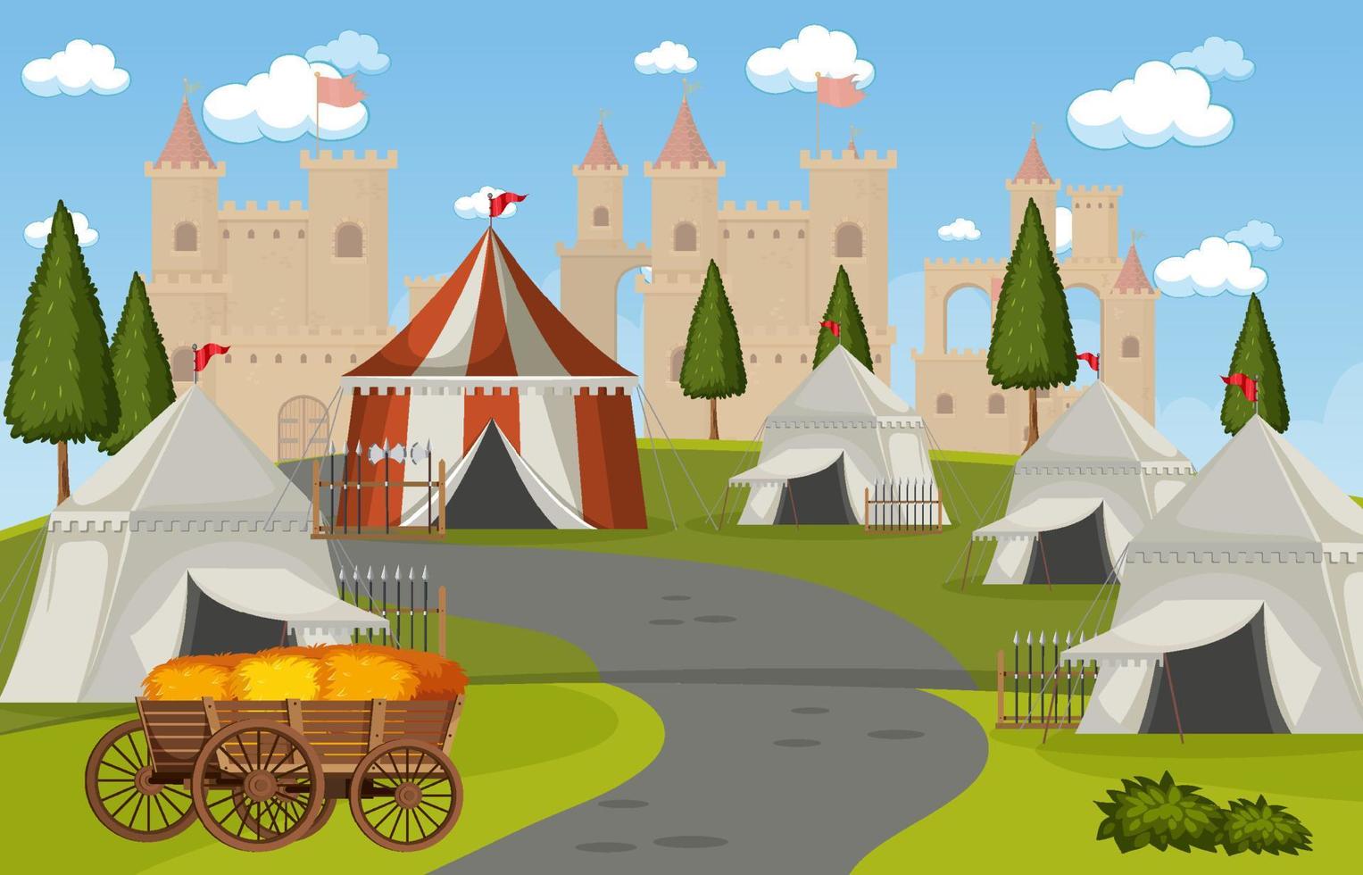 Campamento militar medieval con carpas y castillo. vector