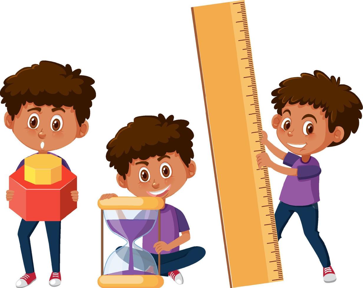 conjunto de un niño sosteniendo diferentes herramientas matemáticas vector