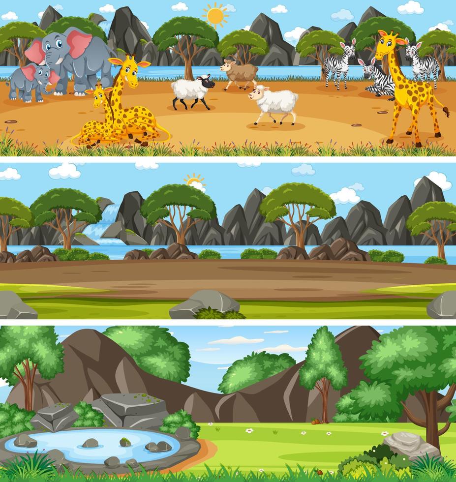 Different panoramic nature landscape set with cartoon character vector