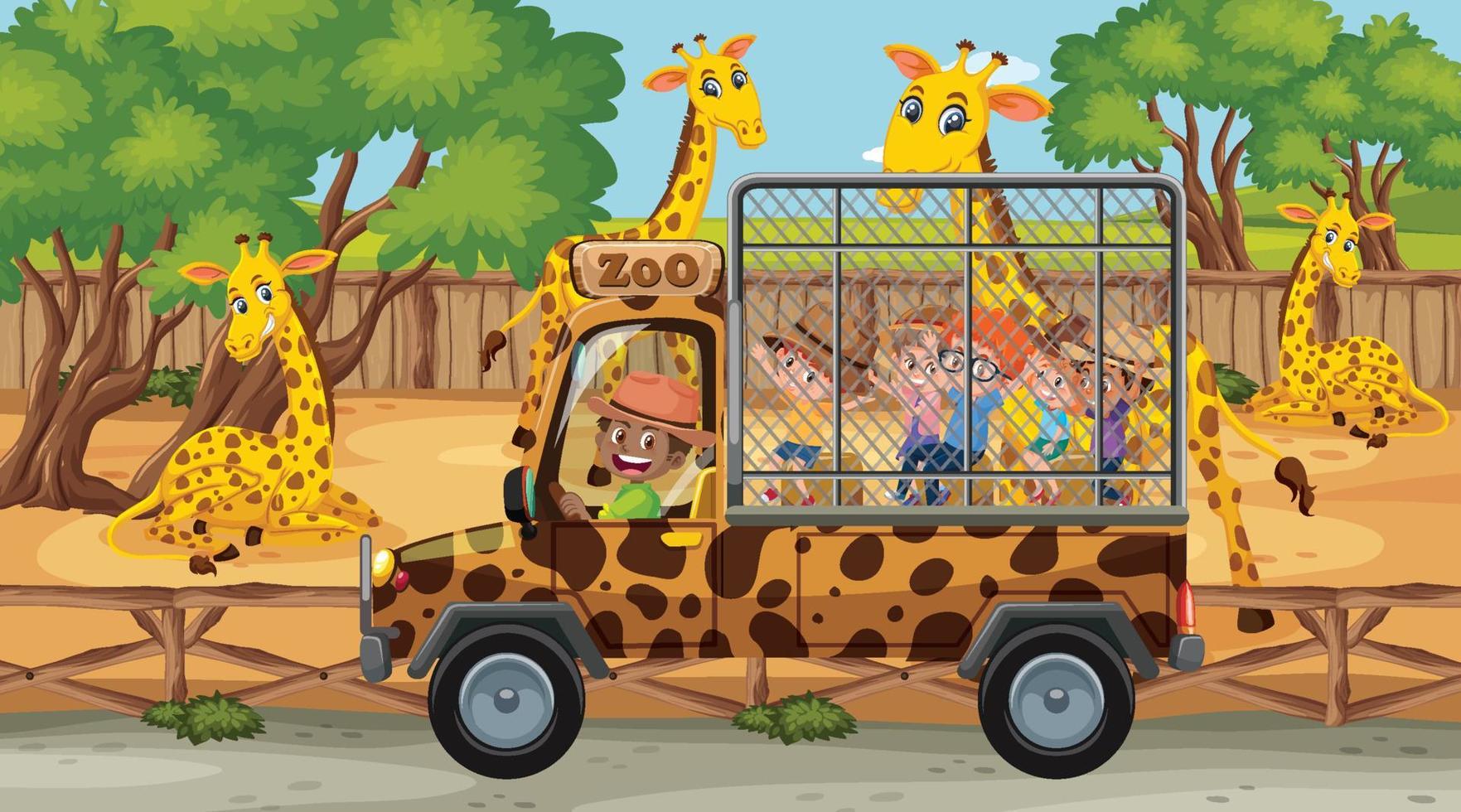 Escena de safari con muchas jirafas y niños en coche turístico. vector