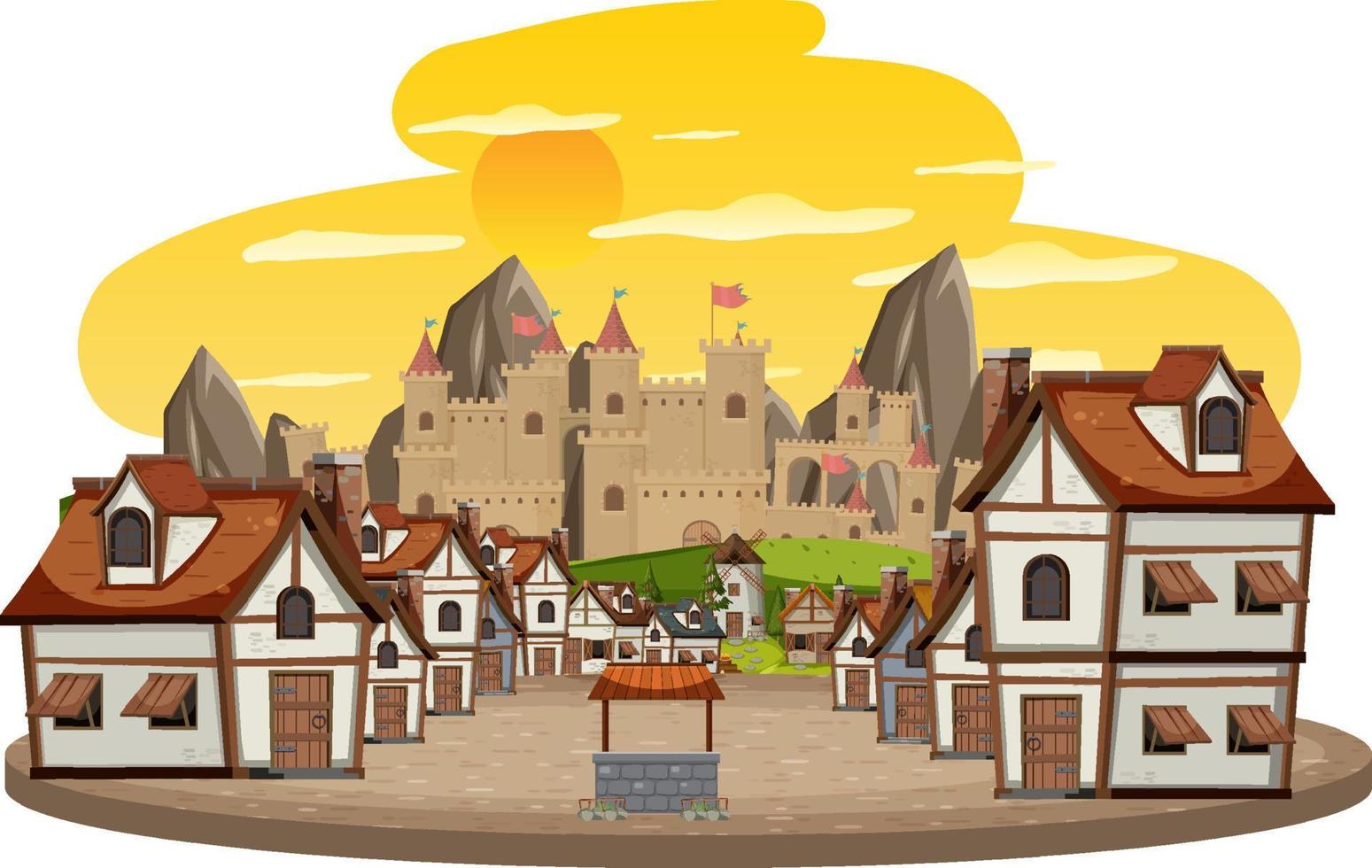 Medieval village scene on white background vector