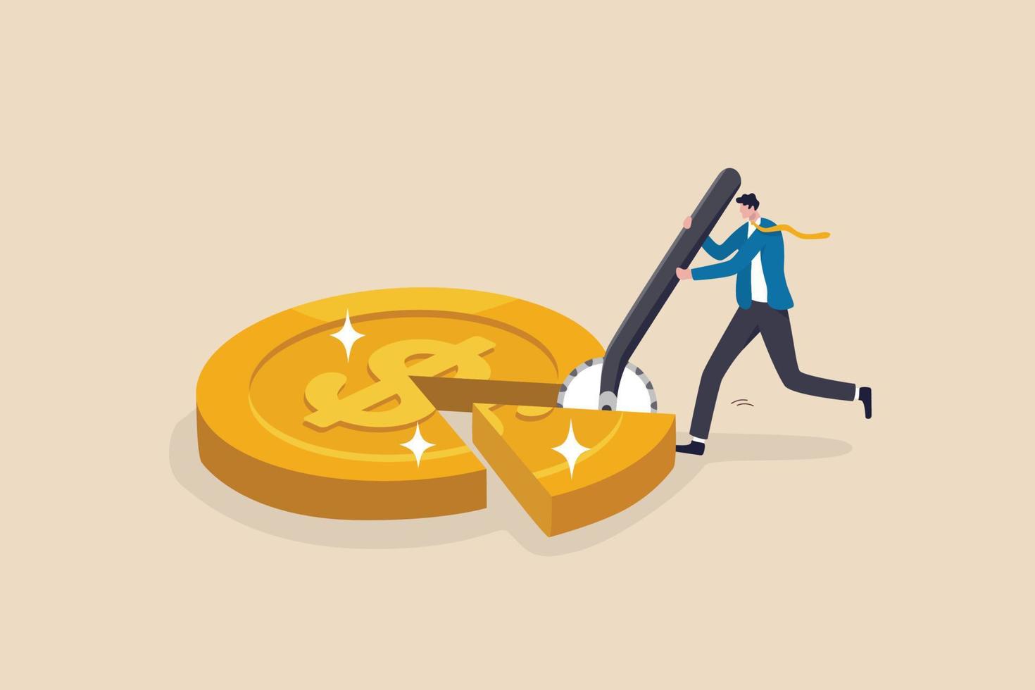 Money management, financial planning or wealth management or investment portfolio, paying for tax, loan or debt, inflation concept, businessman using pizza cutter to split golden dollar money coin. vector