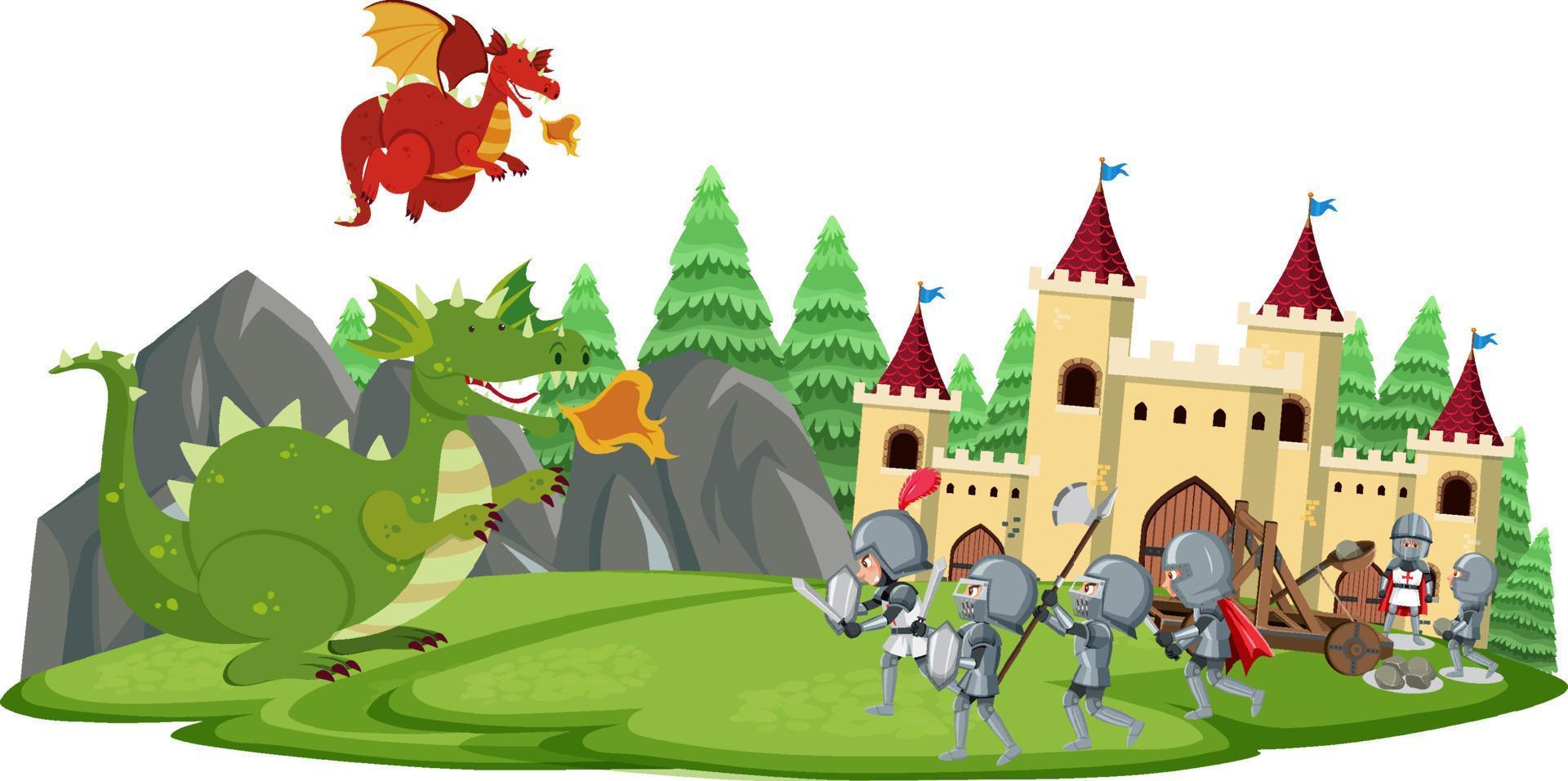 Los caballeros luchan con el dragón en el castillo. vector