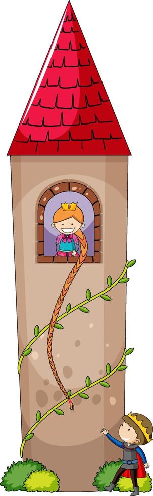 Estilo de dibujos animados simple de la princesa Rapunzel en el castillo aislado sobre fondo blanco. vector