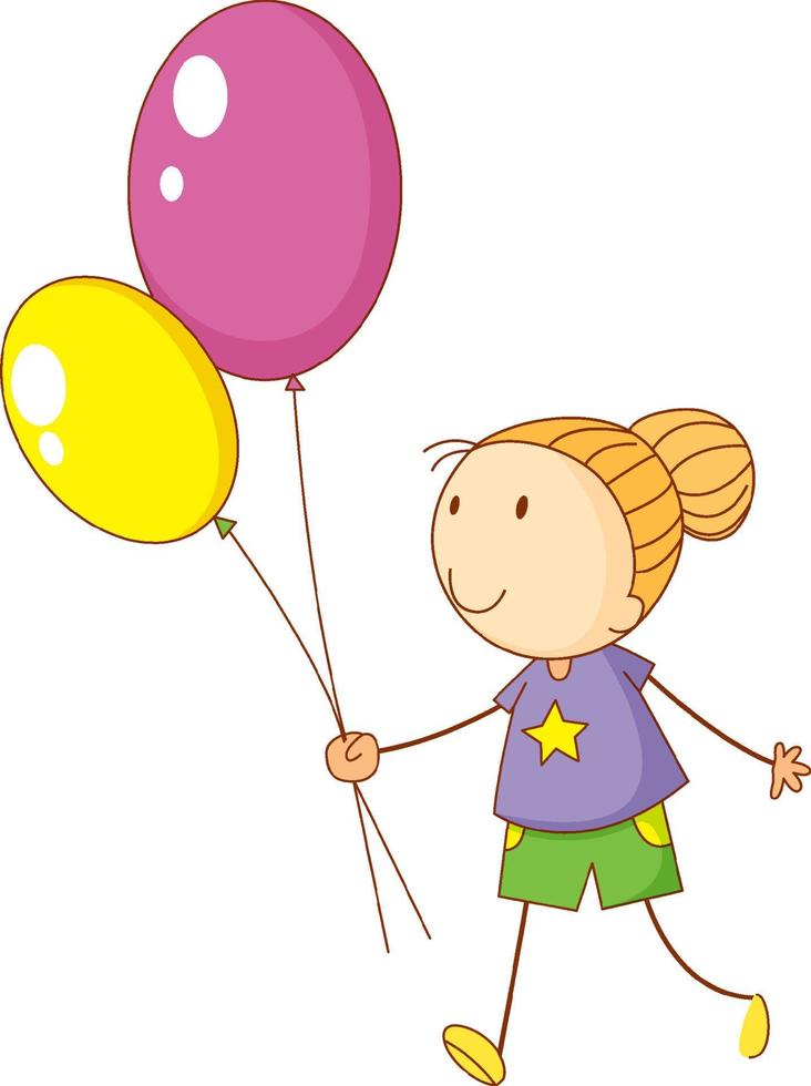 A doodle kid holding balloons cartoon character isolated vector