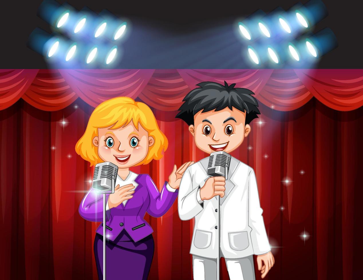 Couple singing with microphone on stage vector