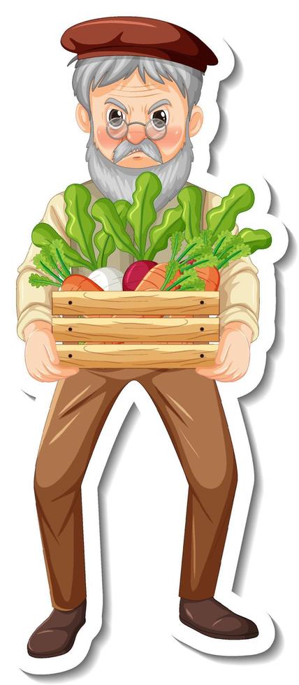 Sticker template with a gardener old man holds vegetable box isolated vector