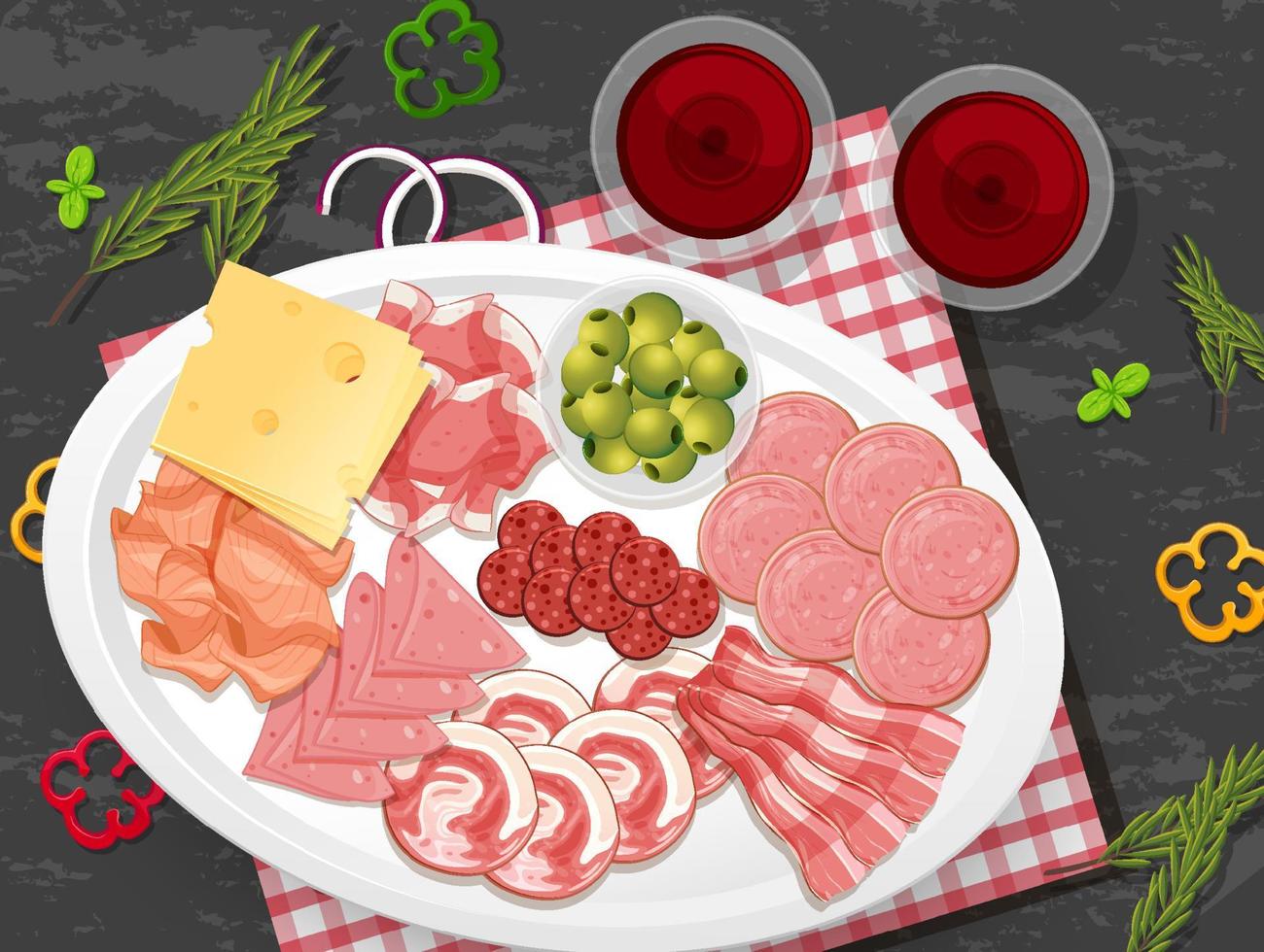 Lunch meat set with different cold meats on platter vector