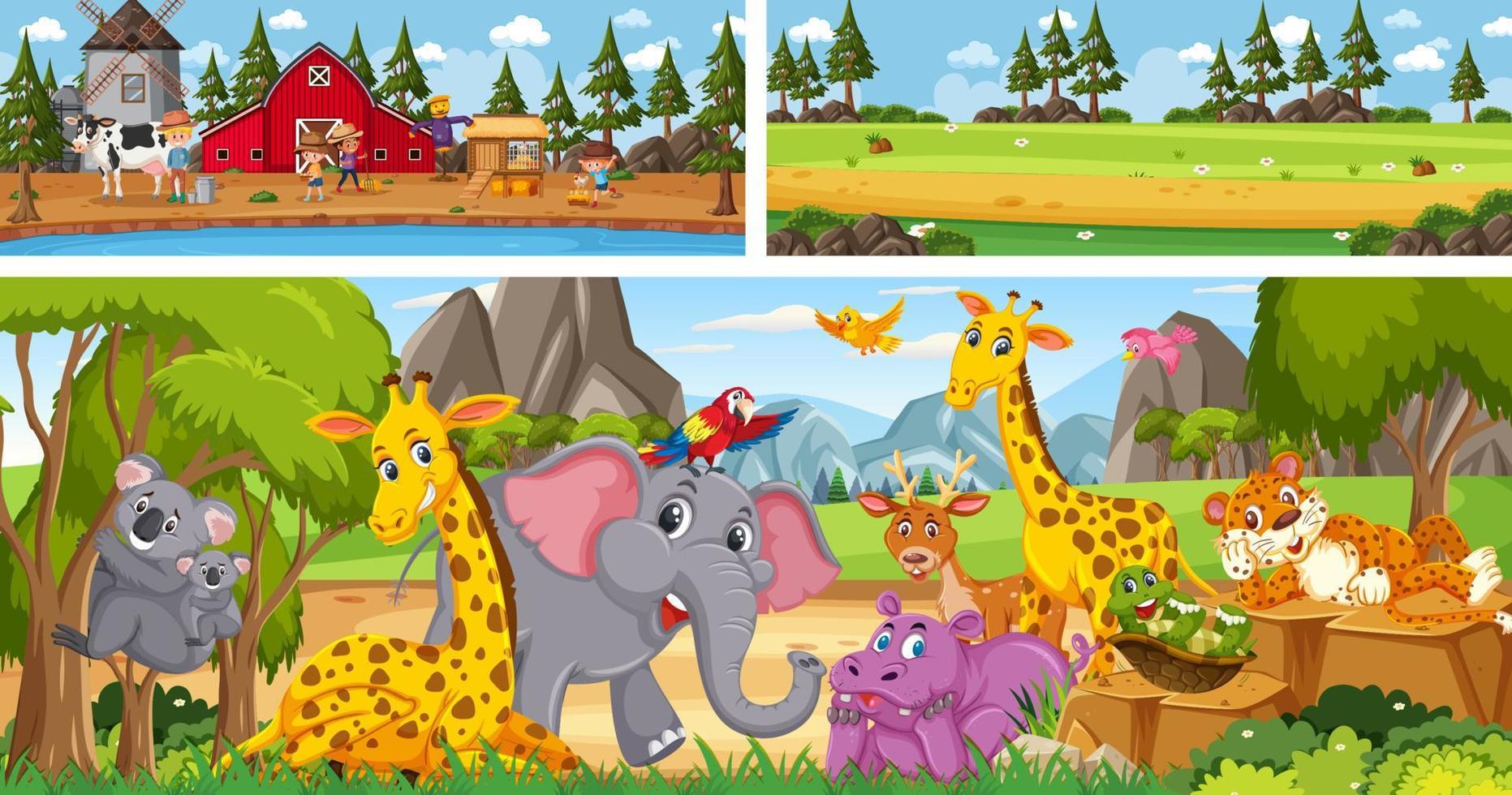 Different scene set with outdoor panoramic landscape in cartoon style vector