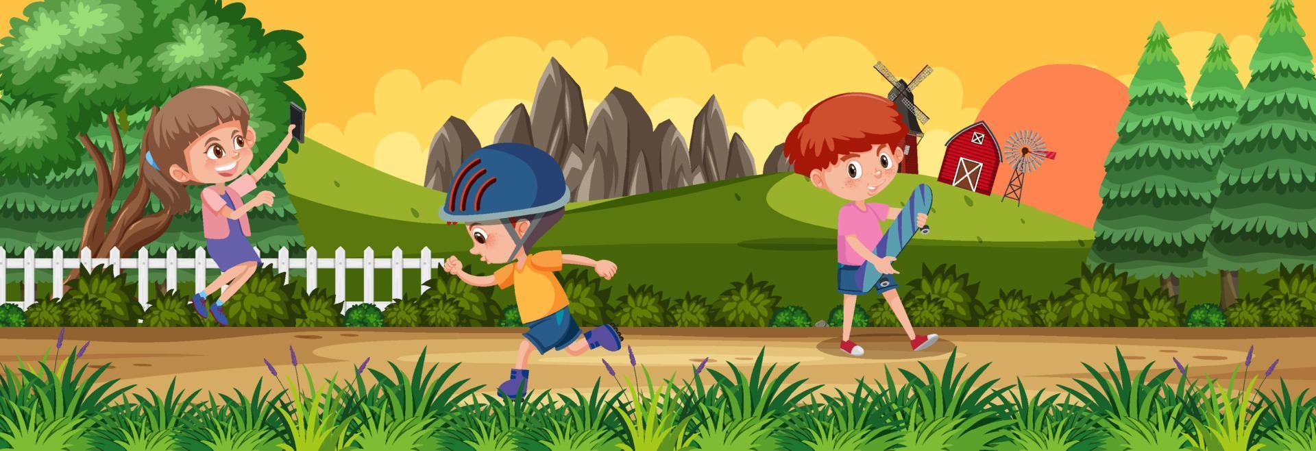 Outdoor horizontal scene with many kids doing activities at the park vector