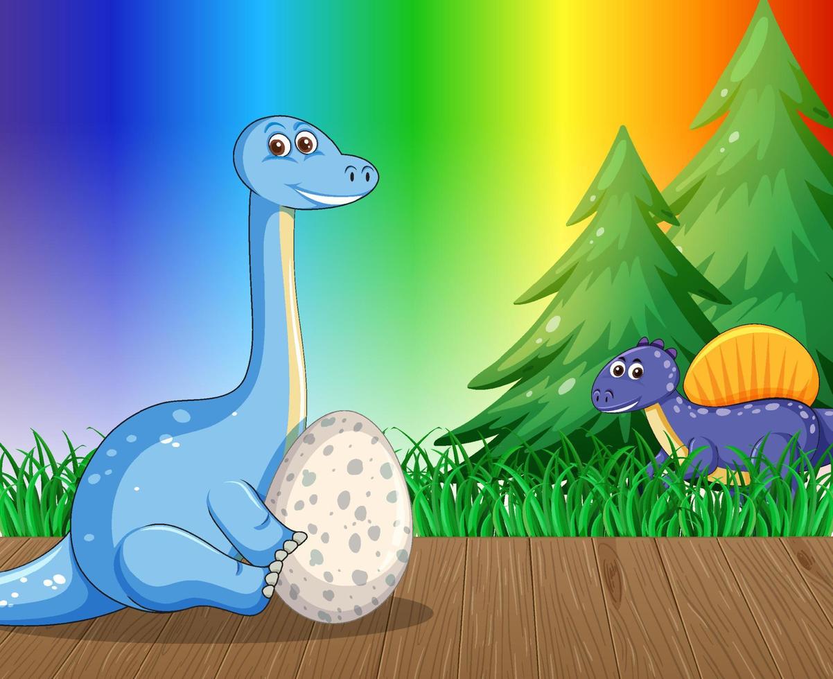 Cartoon dinosaur on rainbow gradient background vector