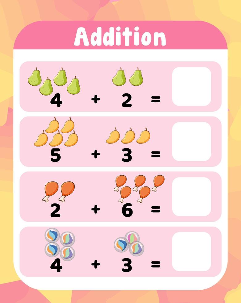 plantilla de hoja de cálculo de matemáticas de adición preescolar vector