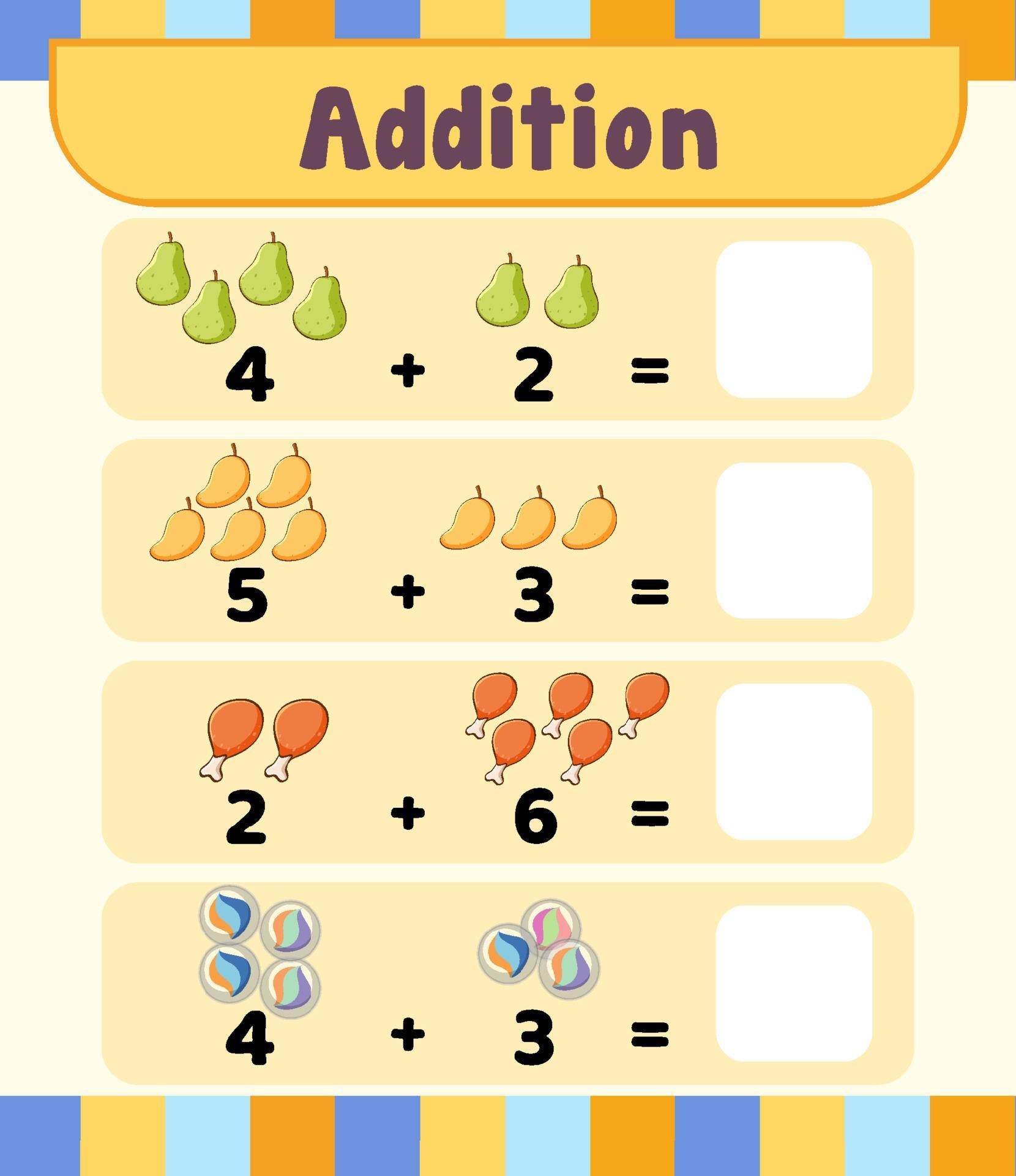 Preschool addition math worksheet template 3679090 Vector Art at Vecteezy