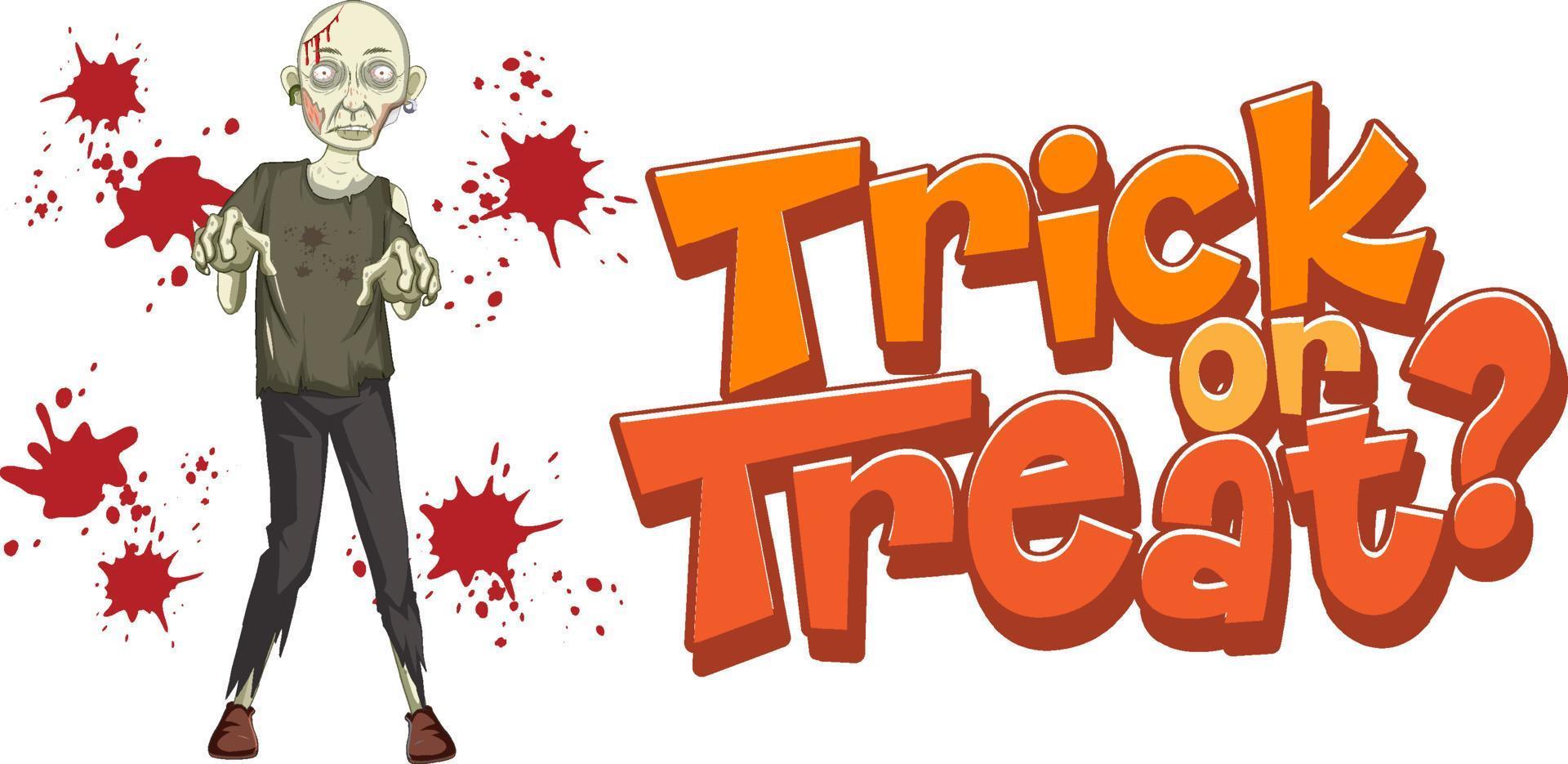 Diseño de texto de truco o trato con zombie espeluznante vector