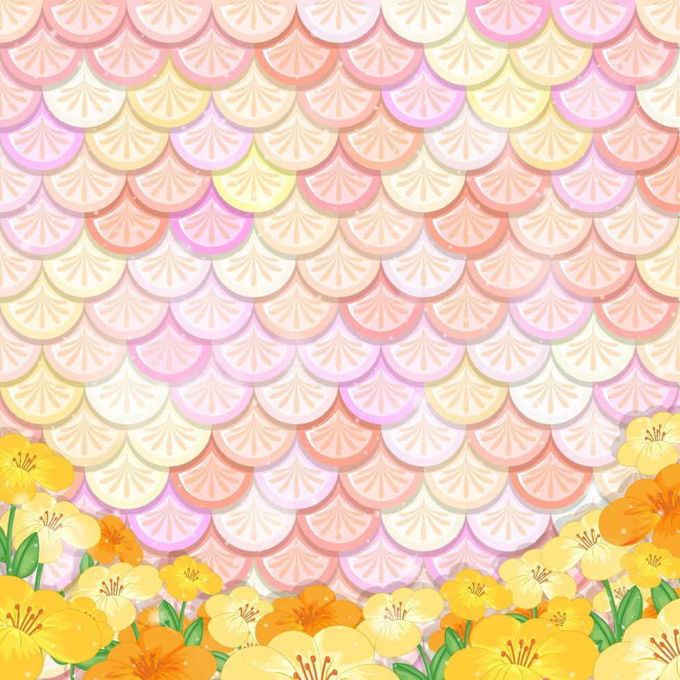 Pastel mermaid scale pattern with many flowers vector