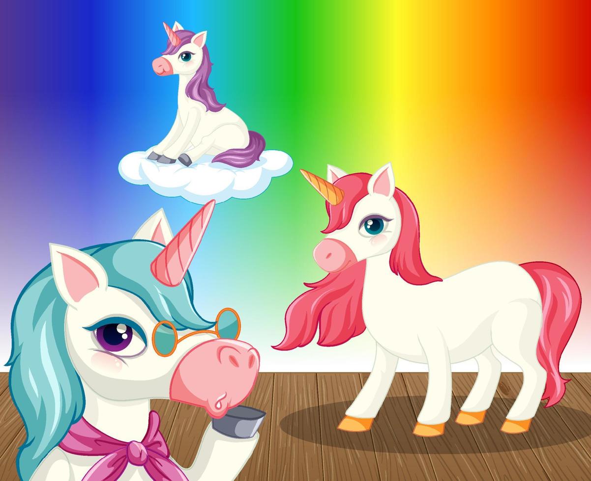 unicornios sobre fondo degradado de arco iris vector