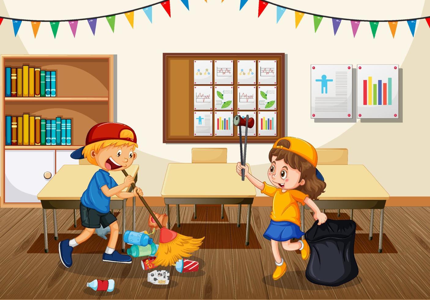 Scene with students cleaning classroom together vector