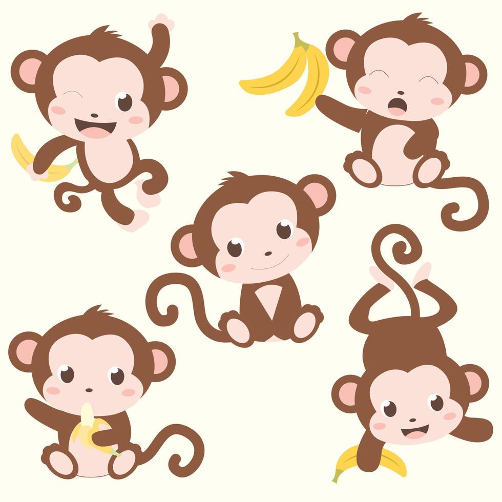 lindo bebé moneky animal vector comiendo plátano