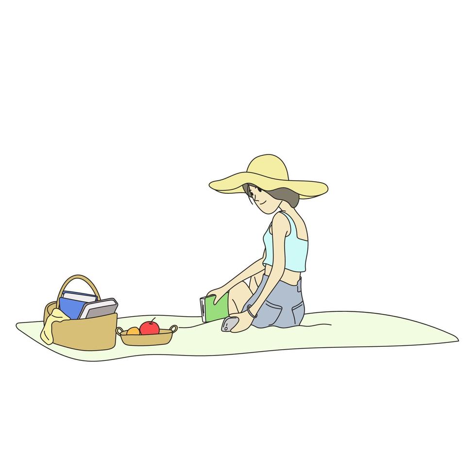 Mujer con sombrero haciendo un picnic en la playa de verano sosteniendo un libro verde y un teléfono inteligente dibujado a mano ilustración vectorial aislado sobre fondo blanco. vector