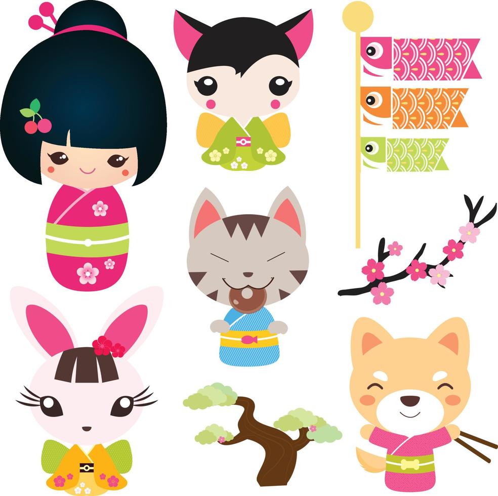 Japanese Kokeshi Doll in Kimono with animal vector