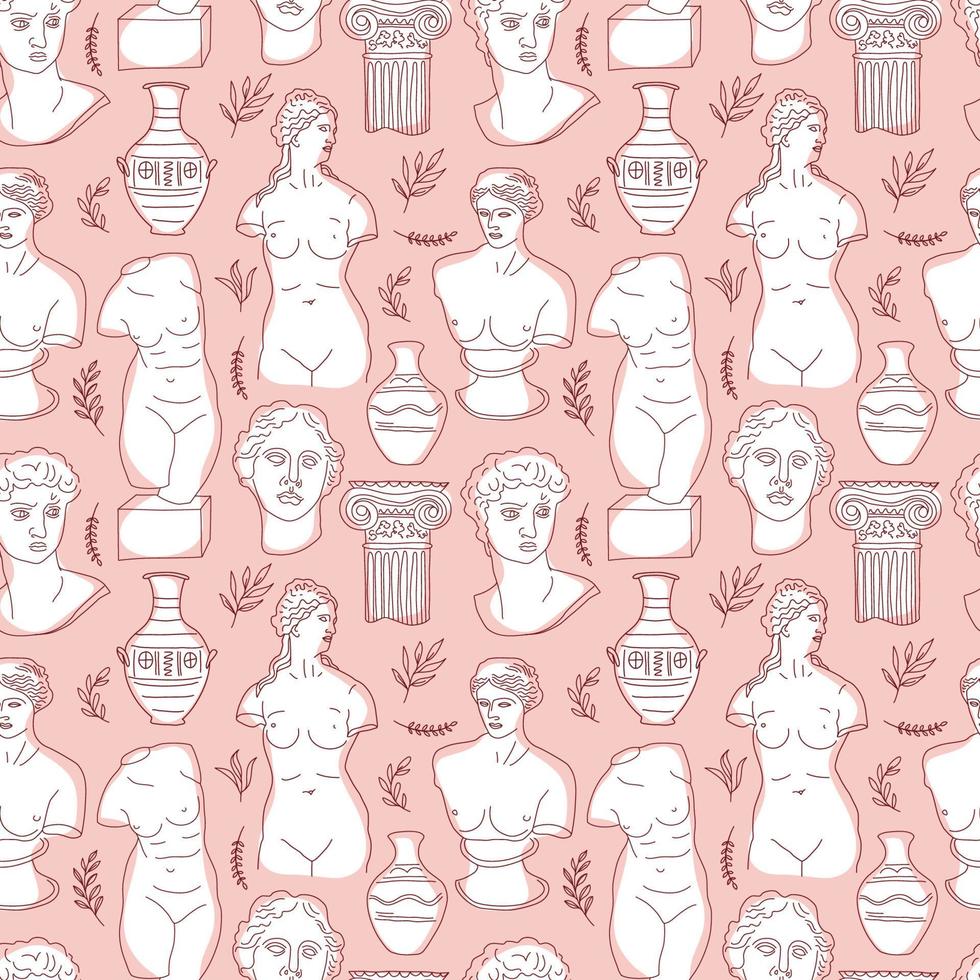 Ancient Greece and Rome set tradition and culture vector seamless pattern. The linear trend of the ancient surface pattern, Ancient Greece and Ancient Rome. Surface pattern on pink.