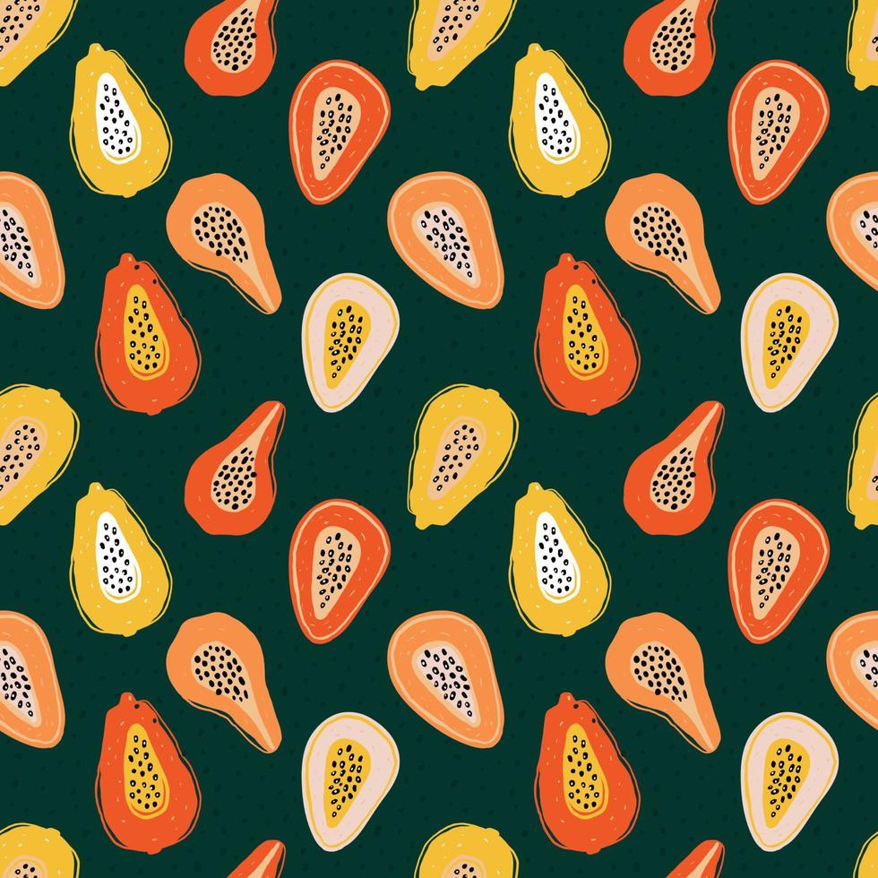 Colors pattern with slices of papaya, passion-fruit on green. Hand-drawn exotic fruit pieces in lrepeating background. Fruity ornament for textile prints and fabric designs. vector