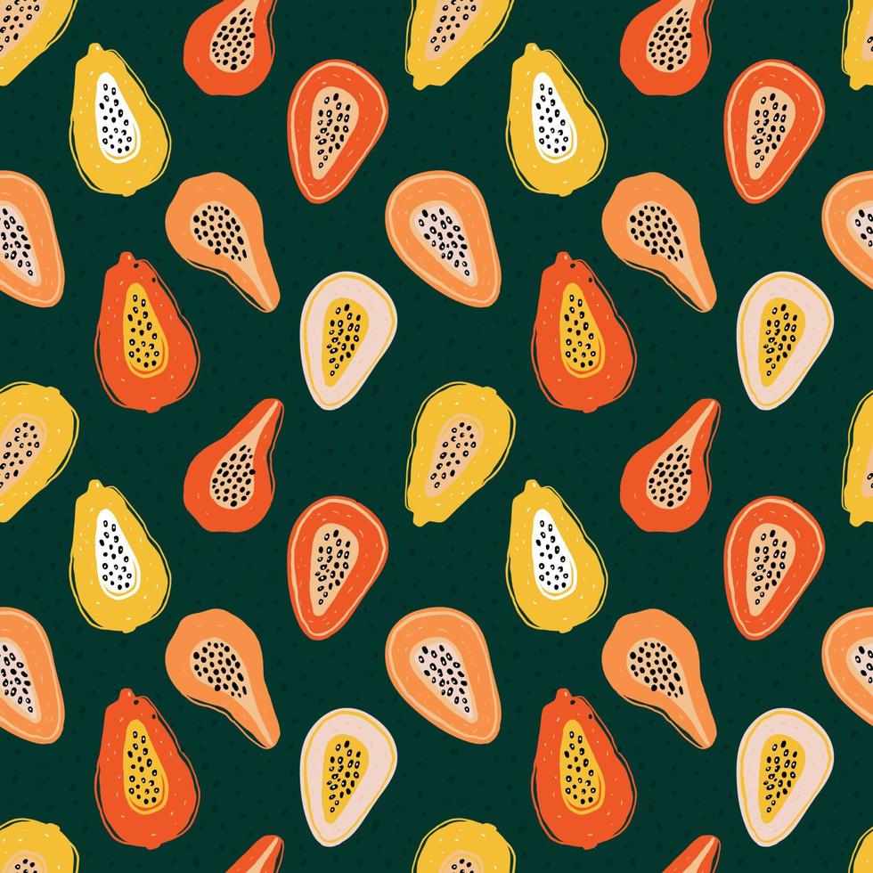 Colors pattern with slices of papaya, passion-fruit on green. Hand-drawn exotic fruit pieces in lrepeating background. Fruity ornament for textile prints and fabric designs. vector