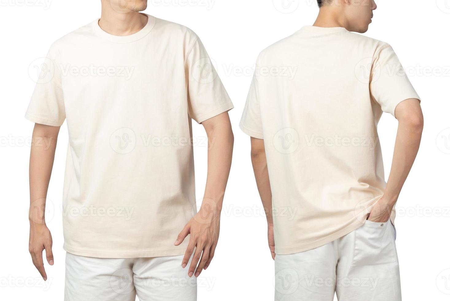 Young man in blank beige t-shirt mockup front and back used as design template, isolated on white background with clipping path photo