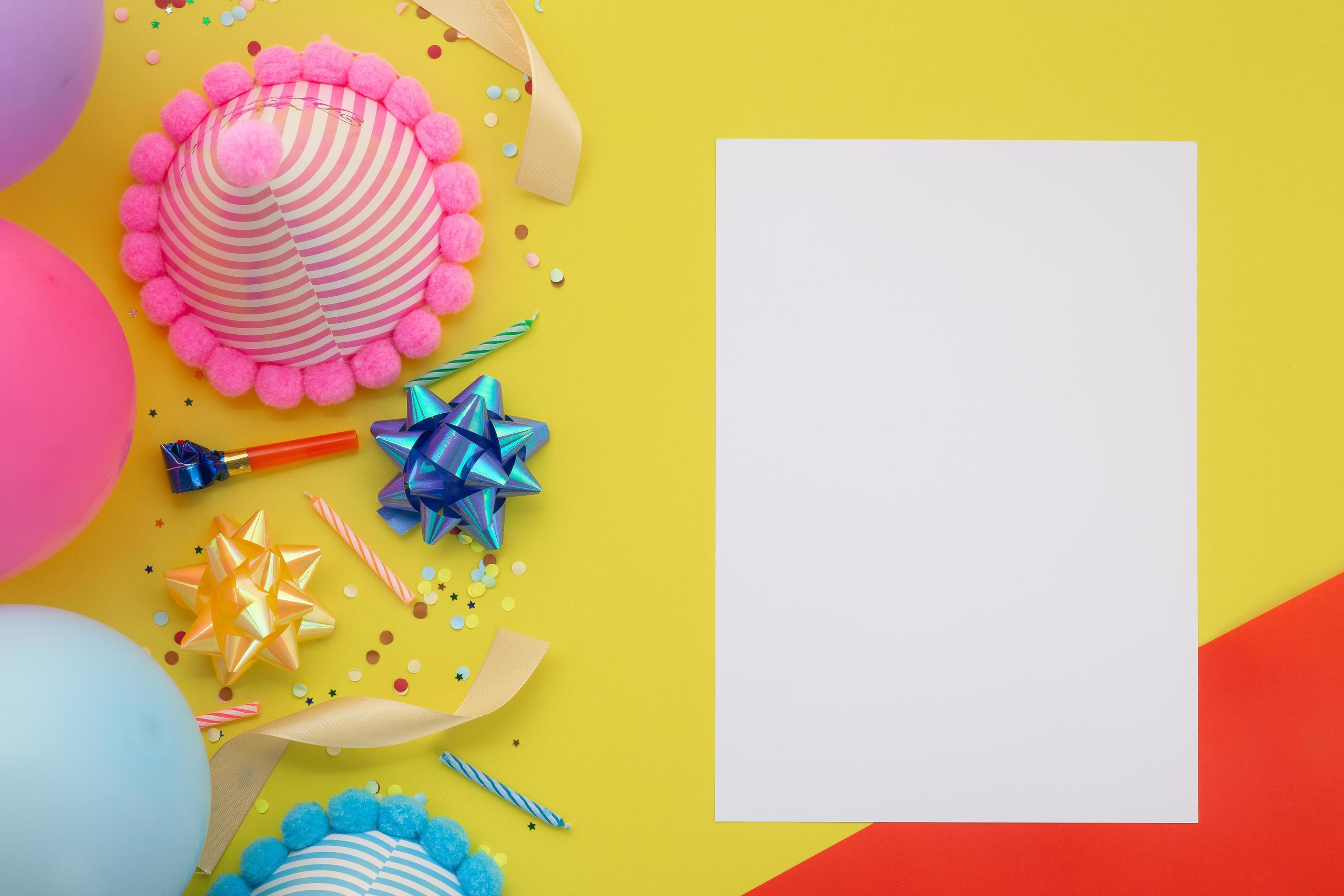 Happy birthday background, Flat lay colorful party decoration with flyer  invitation card on pastel yellow background 3679628 Stock Photo at Vecteezy
