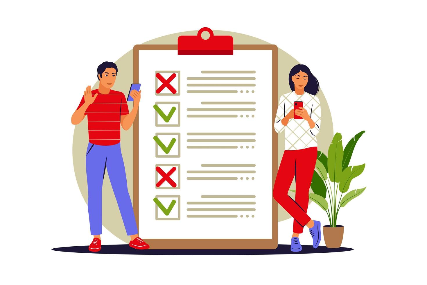 To do list concept. People checking completed tasks and prioritizing tasks in to do list. Vector illustration. Flat.