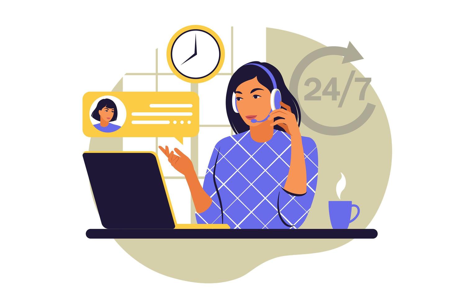 Customer service concept. Woman with headphones and microphone with laptop. Support, assistance, call center. Vector illustration. Flat style