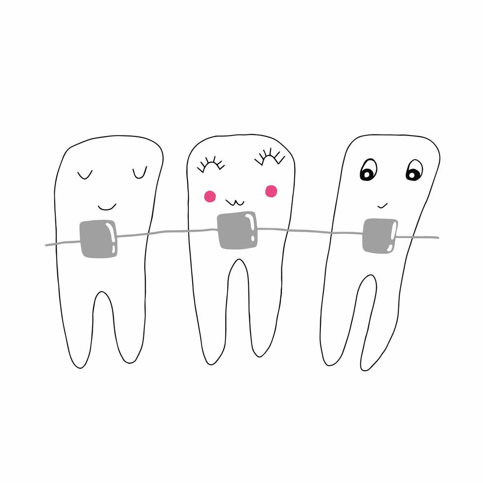 Vector cartoon illustration of cute teeth braces, hand drawn, doodle