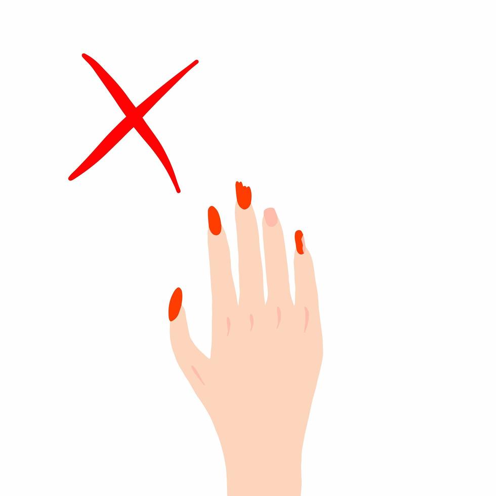 Brittle nails, female hand with thin broken nails. Vector illustration, hand drawn doodle.