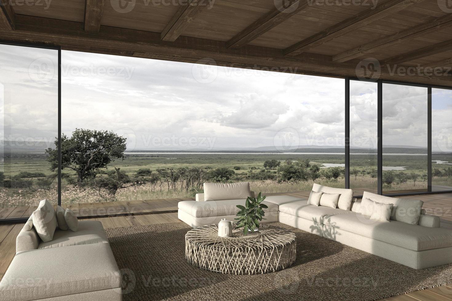 Modern interior design open space living room. Large windows and nature view. 3d render illustration. photo
