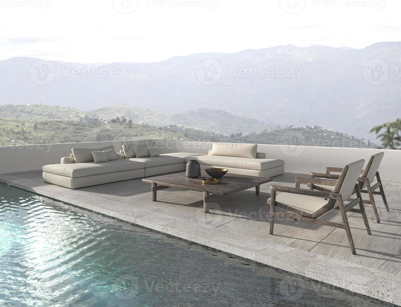 Zona de salón de diseño escandinavo en balcón. Sofá con piscina y vista a la naturaleza de fondo. casa terraza al aire libre 3d render ilustración. foto