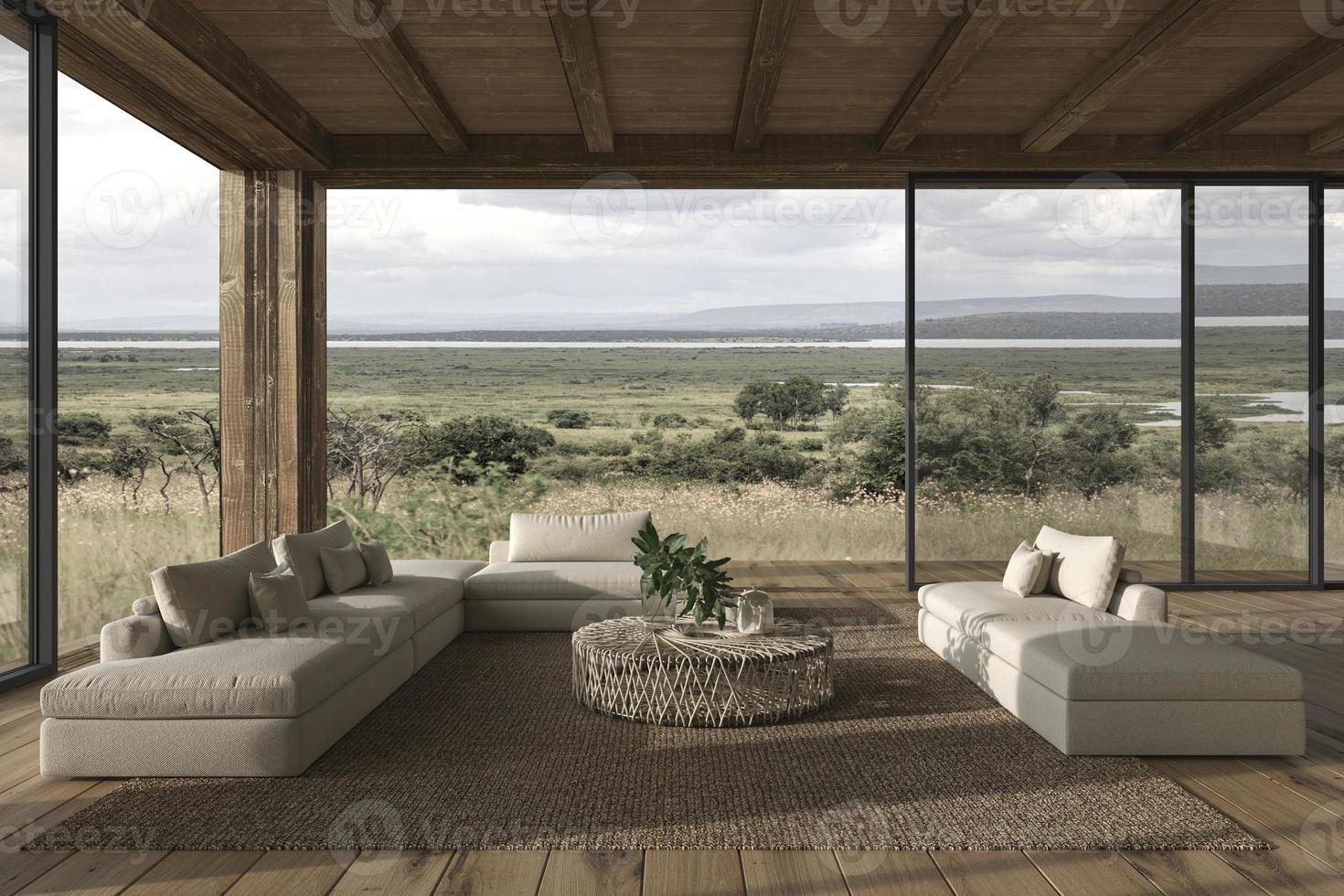 Diseño de interiores moderno sala de estar de espacio abierto. casa terraza al aire libre 3d render ilustración. foto