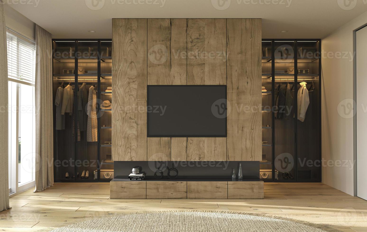 Armario de diseño de interiores moderno con iluminación decorativa y dormitorio. pared de tv de madera. Ilustración de render 3d. foto