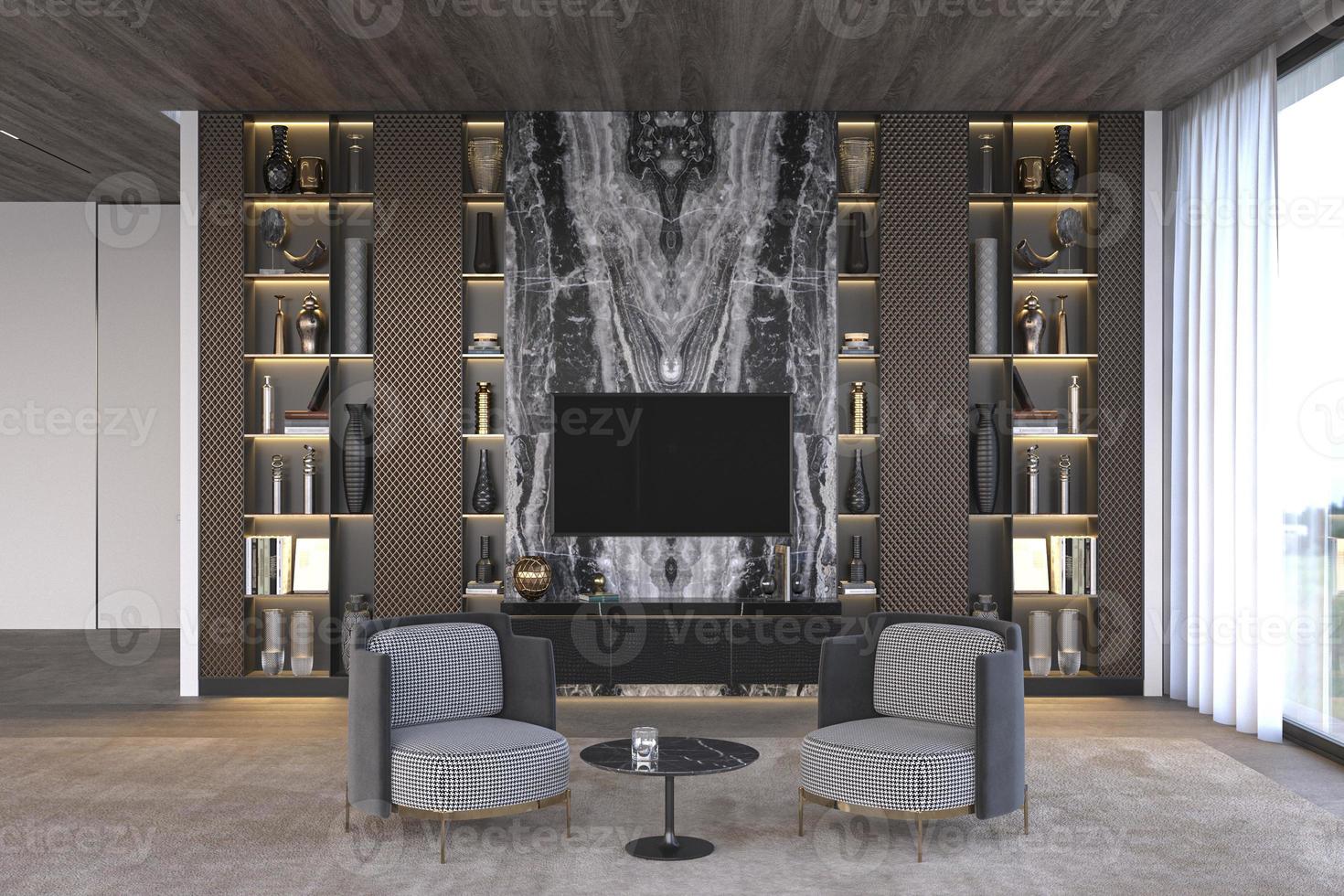 Elegant and luxury modern interior. Open living room with marble tv wall and bookshelf. 3d render illustration bright apartment design. photo