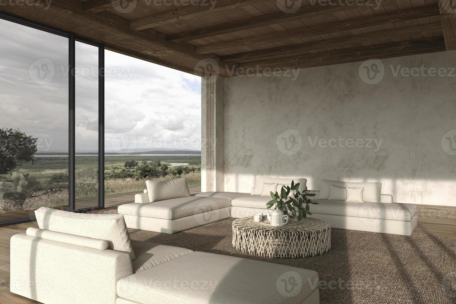 Modern interior design open space living room. Large windows and nature view. House outdoor terrace 3d render illustration. photo