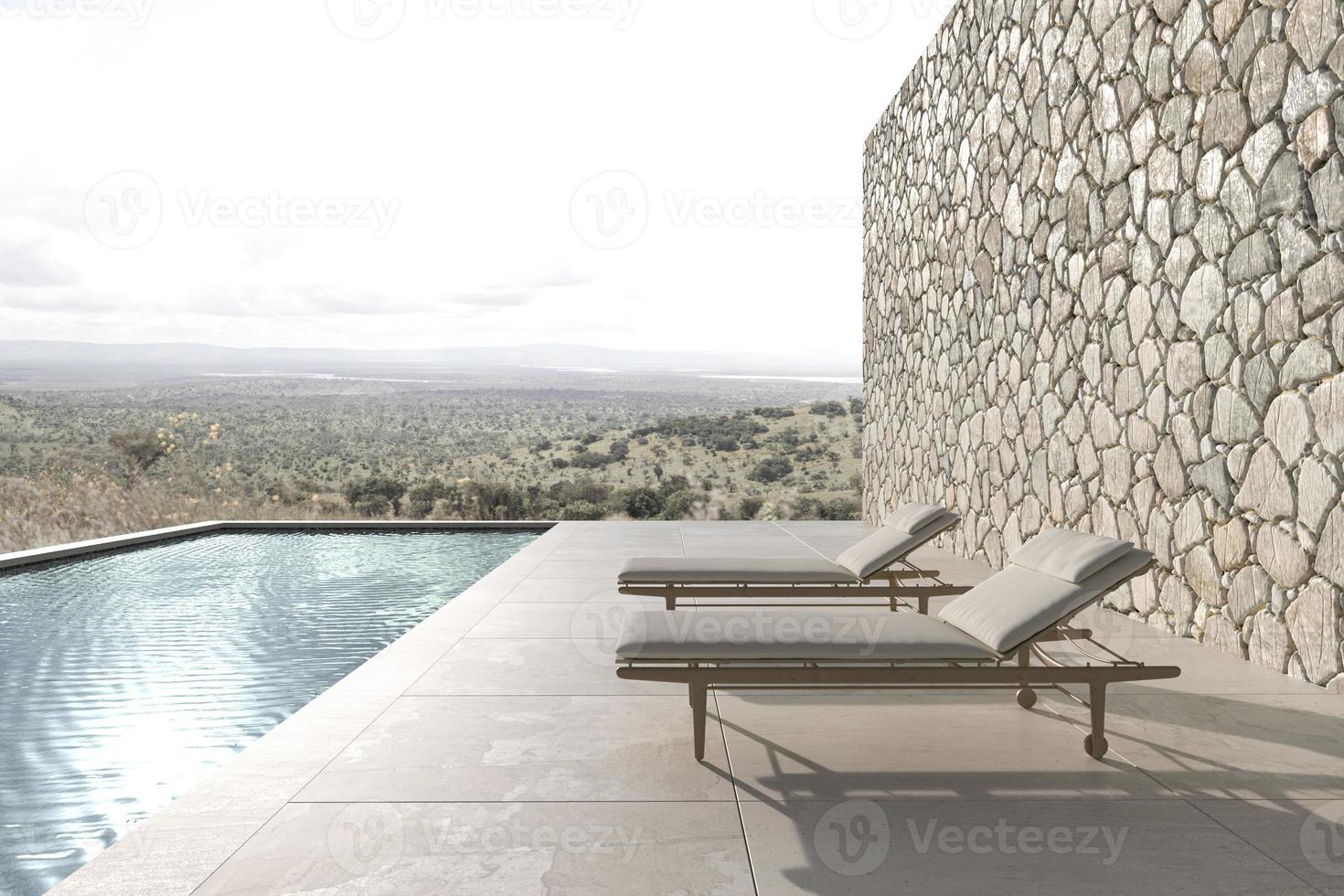 Terraza exterior de diseño moderno escandinavo con tumbonas. Ilustración de render 3D con fondo de vista de la naturaleza. foto